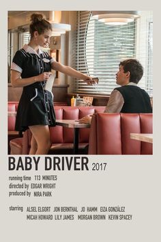 an advertisement for baby driver featuring a woman pointing at a man sitting in a booth