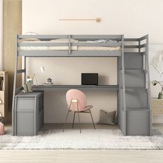 a loft bed with desk underneath it in a room that has white walls and wooden floors