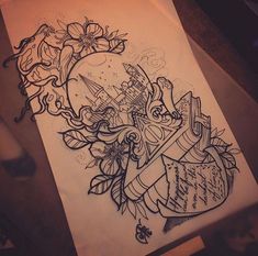 a drawing of a heart with flowers and an arrow in the middle is on top of a piece of paper