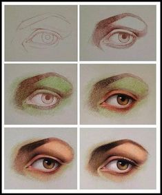 the steps in how to draw an eye step by step with colored pencils on paper