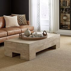 a living room with couches, coffee table and bookshelf in the corner