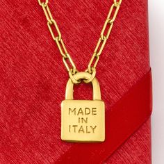 Ross-Simons - Italian Gold Over "Made in Italy" Lock Pendant Paper Clip Link Necklace. 18". From Italy, with love! This chic 18kt yellow gold over sterling silver necklace features a lock pendant engraved with the words "Made in Italy" on both sides. Suspends from an on-trend paper clip link chain. Priced to please and perfect for wearing with other strands for a fabulous layered look. Lobster clasp, 18kt gold over sterling lock pendant paper clip link necklace. Italy Necklace, Lock Pendant, Layered Look, Link Necklace, Sterling Silver Necklace, Paper Clip, Link Chain, Sterling Silver Necklaces, Lobster Clasp