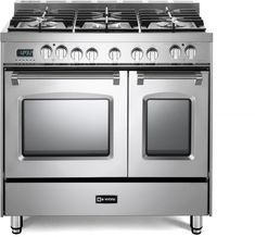 an oven with four burners and two doors on the front, in stainless steel