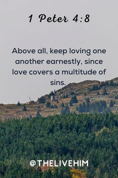 a mountain with trees in the background and a bible verse written on it that reads, 1 peter 4 8 above all, keep loving one another