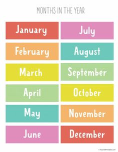 months in the year poster with different colors and font, including one for each month