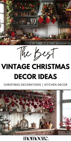 1900 Christmas Decor, Decorating With Vintage Kitchen Utensils, Vintage Christmas Party Decorations, Christmas Decor Old Fashioned, Easy Christmas Decorating Ideas, Christmas Decorating With Antiques, Christmas Decor In The Kitchen, Country Kitchen Christmas Decor, Classic Vintage Christmas Decor