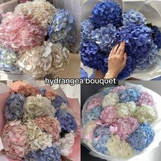 the process of making hydrangea bouquets is shown in three different pictures, one being