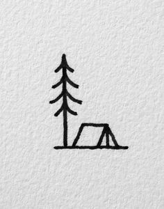 a black and white drawing of a tent next to a pine tree with the word camp written on it