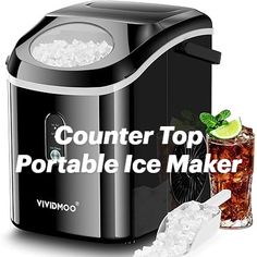 a counter top portable ice maker next to a glass filled with ice and mints