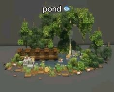 an image of a pond in the middle of some trees and bushes with people sitting on it