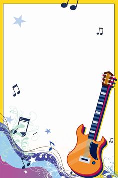 an orange guitar and musical notes on a yellow background with space for text or photo