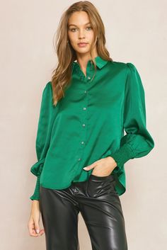 Satin Long Sleeve Button Up Blouse with Smocked Wrists by Entro Clothing Fall Blouse With Smocked Back, Fall Solid Color Blouse With Smocked Back, Green Smocked Top With Smocked Cuffs For Fall, Fall Smocked Top With Smocked Cuffs, Fall Solid Smocked Top With Smocked Cuffs, Green Blouse With Smocked Bodice For Fall, Fall Button-up Blouse With Smocked Cuffs, Satin Long Sleeve, Satin Blouses