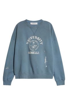 A fading collegiate logo fronts this 'dirty' cotton sweatshirt that features hand-worn areas on the edges and bleach spots for a signature distressed touch. Golden Goose's Journey Collection is an ode to Venice, drawing inspiration from the people who inhabit it and the different places discovered through the life of its lovers. 28" length (size X-Large) Crewneck Dropped shoulders Ribbed cuffs and hem 100% cotton Machine wash, line dry Made in Italy Designer Clothing Venice Drawing, Golden Goose, Logo Graphic, Drawing Inspiration, Venice, Designer Clothing, Bleach, Graphic Sweatshirt, Nordstrom