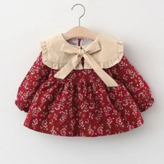 Our Red Floral Dress Is So Pretty! Features A Fun, Lapel Collar With Tie Bow! Material Is Soft And Made From Cotton/Polyester. This Is An All-Weather Dress And Can Be Worn In Spring, Summer, Winter, Fall And Used For So Many Occasions Such As Valentine's Day, Christmas, Weddings, Birthday Or A Perfect Spring Day At The Park! Princess Dress Red, Girl Sleeves, Baby Models, Newborn Dresses, Sweet Dress, Toddler Girl Outfits, Toddler Dress