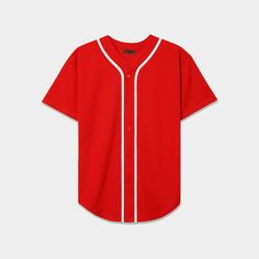 a red baseball jersey with white piping