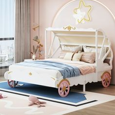 a child's bedroom with pink walls, white bed frame and blue rugs