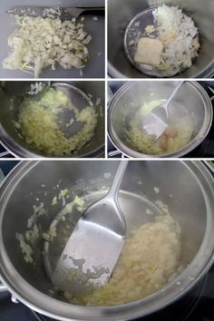 four pictures show how to cook rice in a pot