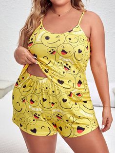 Plus Cartoon Graphic Cami Top & Shorts PJ Set / Pajama Set Multicolor Casual-Woman  Sleeveless Fabric Cartoon Short Sets Medium Stretch All Women Plus Sleep and Lounge, size features are:Bust: ,Length: ,Sleeve Length: Pijamas Women, Cartoon Smile, Home Wear Women, Home Wear Women Pajamas, Home Wear Women Casual, Pajama Fashion, Plus Lingerie, Two Piece Jumpsuit, Homewear Fashion