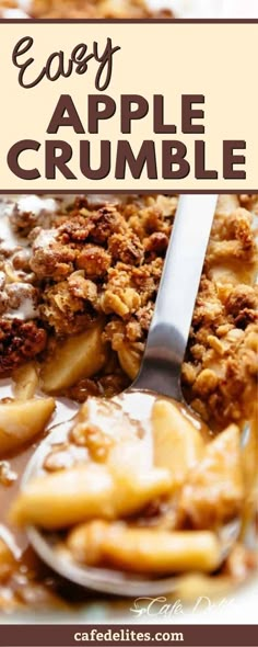 an apple crumble is being served in a bowl with a spoon and caramel sauce