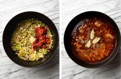 two pictures showing different types of food in pans