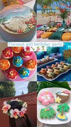 a collage of pictures with different cakes and desserts on them, including coconut trees