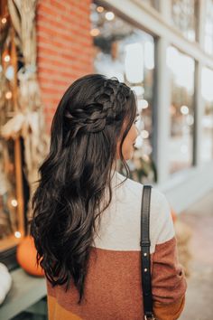 Crown Braid Half Up Half Down Wedding, Braid Hairstyle Half Up And Down, Unique Half Up Half Down Wedding Hair, Braided Hairstyles For Long Hair Half Up, Bridal Hair Half Up Braid Front View, Formal Hair Braid Half Up, Dark Brown Hairstyles Half Up, Half Up Half Down Bridesmaid Hair With Braid, Hair Down With Braid Wedding