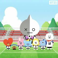 some cartoon characters are standing in front of a soccer field with a heart shaped balloon