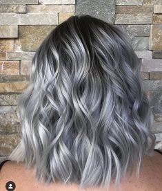 Silver Hair For Brunettes, Dark Grey Roots Silver Hair, Balayage Grey Hair Silver, Grey Hair Color Silver Short, Dark Roots With Silver Hair, Grey Hair Blue Highlights, Black Roots Silver Hair Short, Charcoal Silver Hair