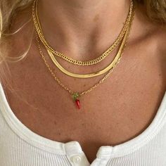 Material: gold filled mini Lou chain with glass pepper charm -Lobster Clasp ﻿Length: ﻿18-24in Pepper Necklace, Necklace Stack, Hot Pepper, Ball Bracelet, Sell Gold, Hot Chili, Miyuki Beads, Layered Bracelets, Chili Pepper