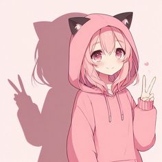 a girl in a pink cat hoodie is making the peace sign with her hand