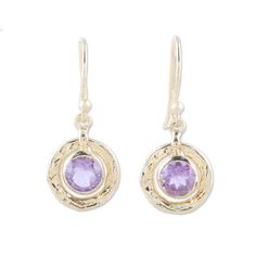 These eye-catching earrings from designer Neetu Barathi feature textured wreaths of 18k gold-plated sterling silver. Centering those wreaths are over one carat of faceted amethyst gems whose mysterious depths reveal flashing glints of brilliant color in the light. The bezel-set gemstones swing freely within the outer rings. Amethyst Gem, Amethyst Color, Sterling Silver Dangle Earrings, Buy Gold, Silver Earrings Dangle, Jewelry Packaging, Hook Earrings, Jewelry Gift Box, Gold Plated Sterling Silver