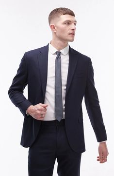 Topman Skinny Fit Textured Suit Jacket | Nordstrom Deep Blue Wedding, Grad Suits, Wedding Guest Suit, Wedding Guest Suits, Attorney Outfit, Professional Wardrobe Essentials, Lawyer Outfit, Suit Ideas, Fashion Suits For Men