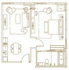 a drawing of a bedroom and living room in one floor plan, with furniture on the other side