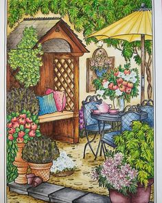 a drawing of a garden with potted plants and flowers on the ground, in front of a gazebo