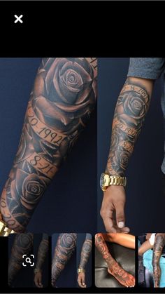 several pictures of different tattoos on the arm and arms, with one person holding an object in