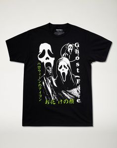 Add the perfect touch of horror to your wardrobe with this Ghost Face® Kanji T Shirt! This officially licensed tee features black and white detailing and one of the most iconic horror movie slashers out there, Ghost Face®. Slip into this tee and rep this classic horror film wherever you go! Officially licensed Crewneck Short sleeves Material: Cotton Care: Machine wash; tumble dry low Imported This shirt is Unisex Sizing only For a fitted look, order one size smaller than your normal size Ghost F Ghost Face Shirt Ideas, Horror Movie Slashers, Movie Slashers, Ghost Clothes, Scream 1996, Horror Shirts, Emo Shirts, Black Girls With Tattoos, Clothes Pants