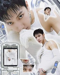 an advertisement for a cell phone with the image of a young man in white shirt