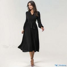 Orcajump - Stylish Long-Sleeve Pleated Belted Mandarin Collar Dress Casual V-neck Midi Dress With Pleated Sleeves, Elegant Long Sleeve Midi Dress For Brunch, Elegant Long Sleeve Maxi Dress For Brunch, Fall Pleated Maxi Dress For Brunch, Elegant Long Sleeve Dress For Fall Brunch, Long Sleeve Pleated Maxi Dress For Brunch, Fall V-neck Maxi Dress With Pleated Sleeves, Workwear Maxi Dress With Pleated Long Sleeves, Casual Long Sleeve V-neck Dress For Work