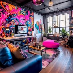 a living room filled with lots of furniture and colorful paintings on the wall behind it