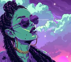 a woman with dreadlocks and sunglasses on her face, in front of clouds