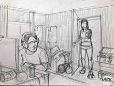 a drawing of two people in a room