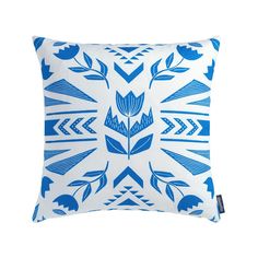 a blue and white pillow with an abstract design on the front, it is made out of