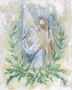 a painting of the birth of jesus with an angel holding a baby in his arms