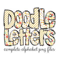 the words doodle letters are written in different colors and sizes, with dots all over them