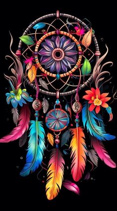 a drawing of a colorful dream catcher with feathers and flowers on the black background photo