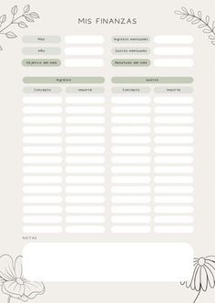 a printable planner with flowers and leaves on the side, in white paper that says miss finanas