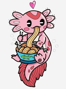 a cartoon character holding a bowl of noodles in it's hands and eating the noodles