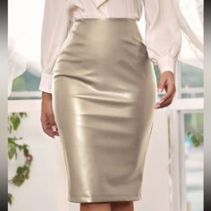 Sexy Faux Leather Skirt Zipper Back Khaki Pencil Skirt, Women's Fashion Set, Skirt Zipper, The Pencil, Faux Leather Skirt, Edgy Fashion, Formal Event, Casual Chic, Leather Women