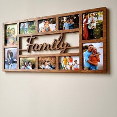 a family photo collage on a wall with the word family surrounded by many photos