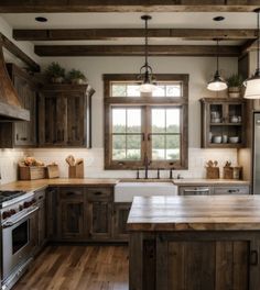 a kitchen with wooden cabinets and an island